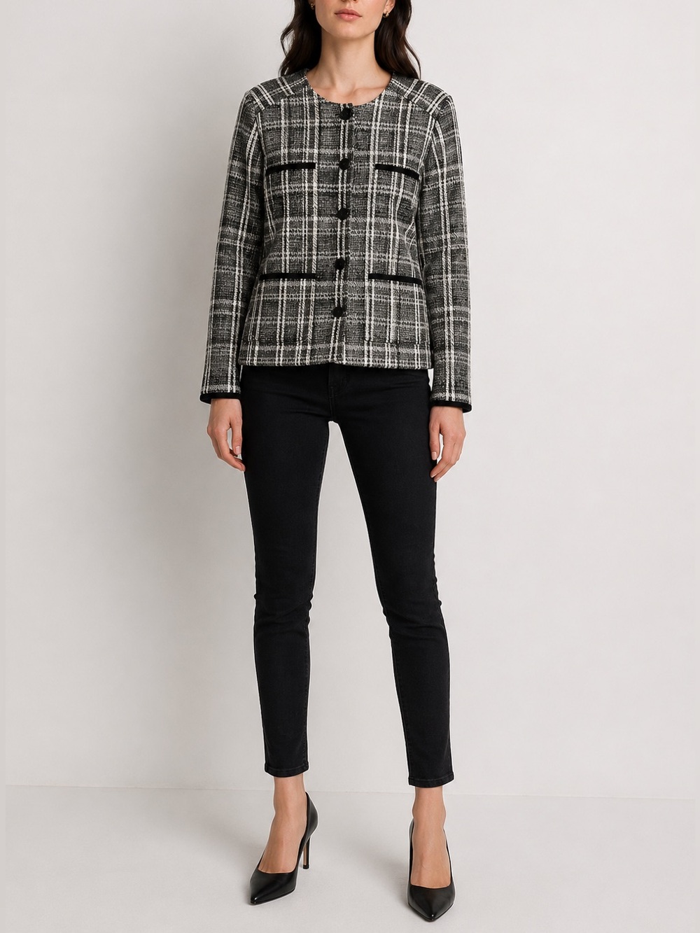 ME+EM Plaid Tweed Black Blush Pink Button Down Long Sleeve Women's 8